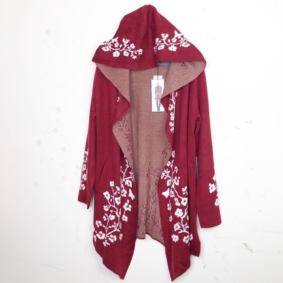 𝅺Vertigo poppy intarsia burgundy & white floral hooded cardi sweater coa… - Picture 15 of 15